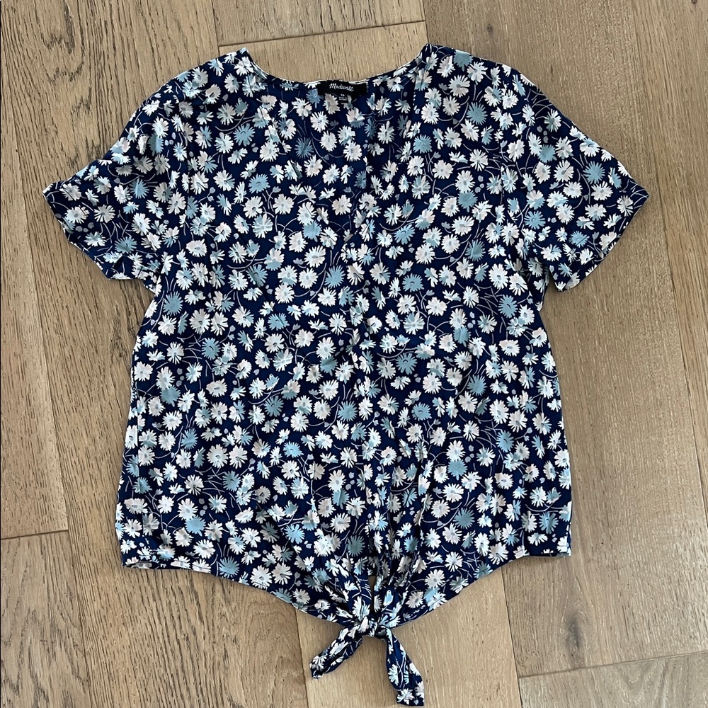 Madewell Blue Floral Tie-Front Blouse